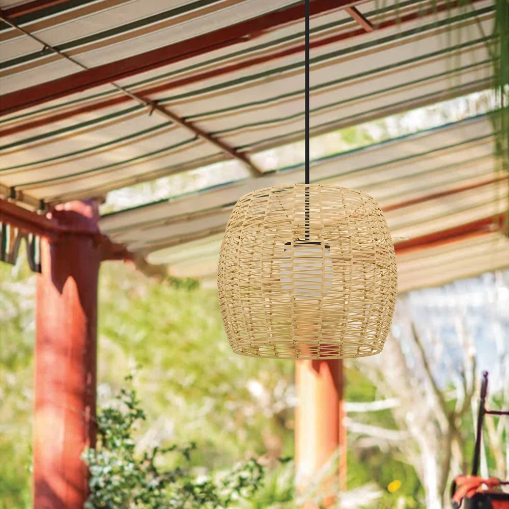 Natural And Black Rattan And Metal LED Dimmable Barrel Outdoor Hanging Pendent Light