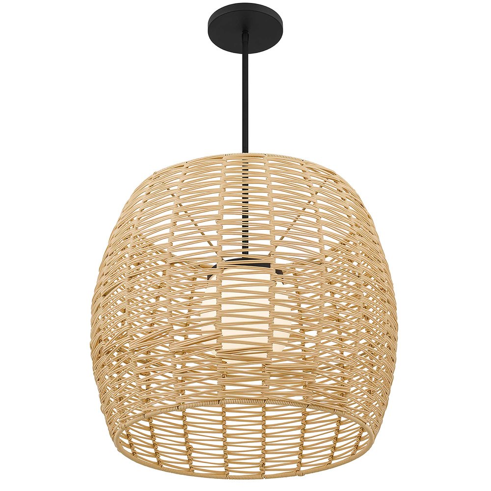 Natural And Black Rattan And Metal LED Dimmable Barrel Outdoor Hanging Pendent Light