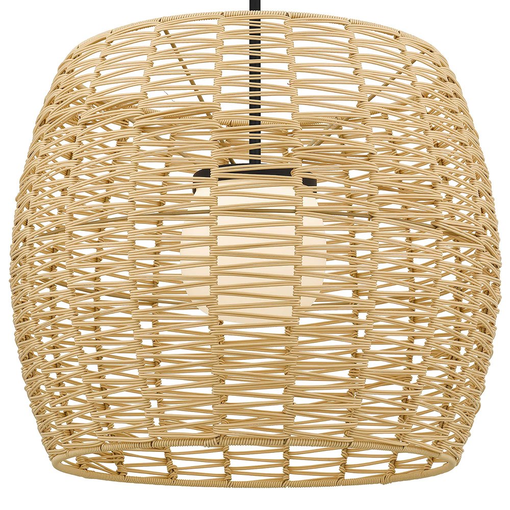 Natural And Black Rattan And Metal LED Dimmable Barrel Outdoor Hanging Pendent Light