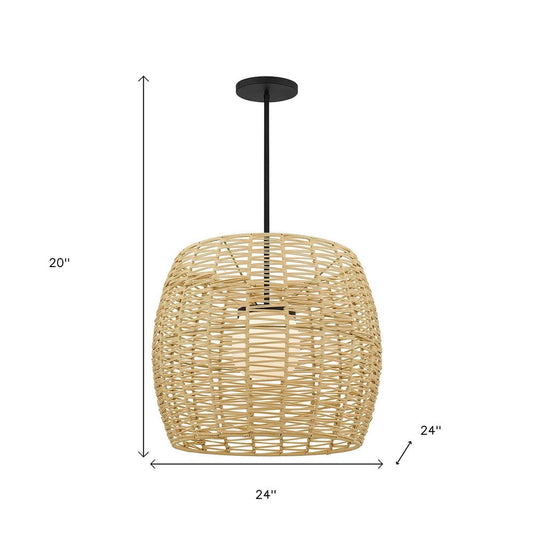 Natural And Black Rattan And Metal LED Dimmable Barrel Outdoor Hanging Pendent Light