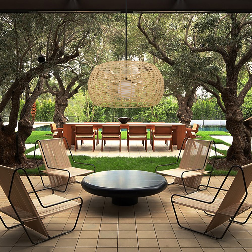 Natural And Black Rattan And Metal LED Dimmable Outdoor Hanging Pendent Light