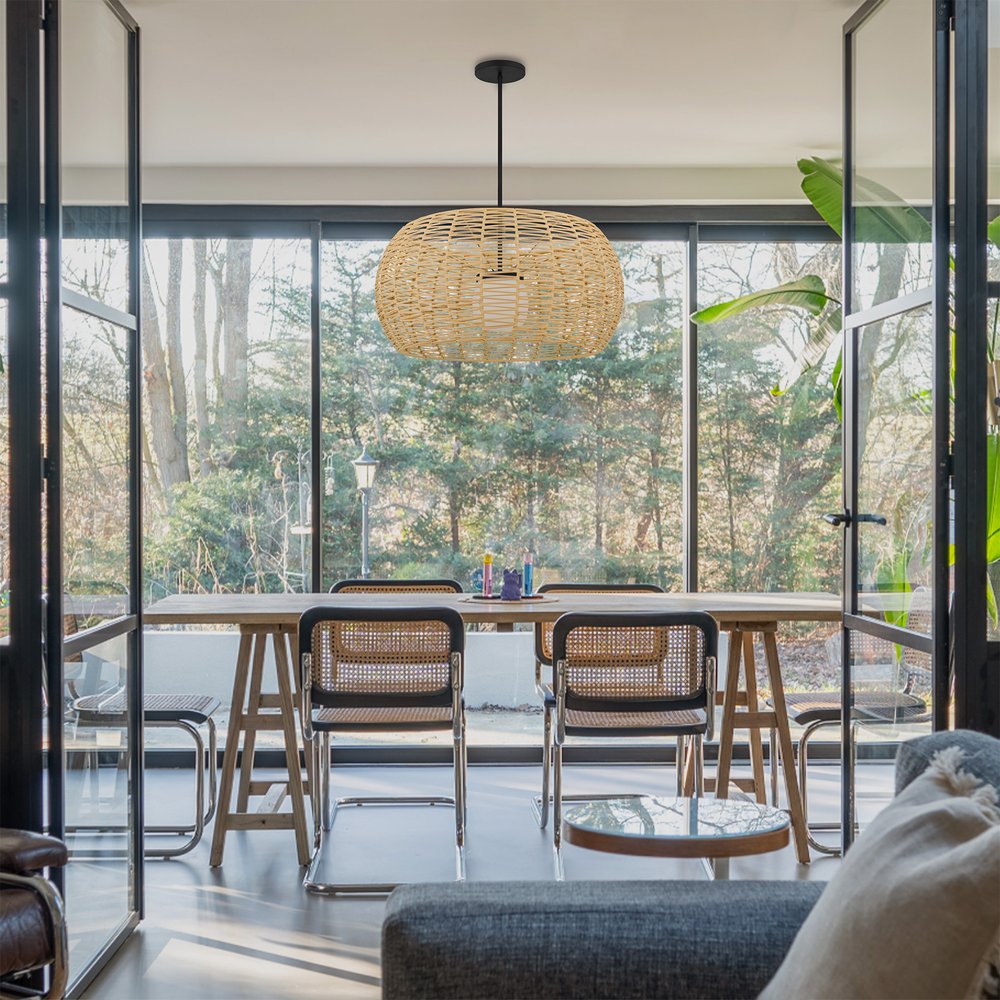 Natural And Black Rattan And Metal LED Dimmable Outdoor Hanging Pendent Light