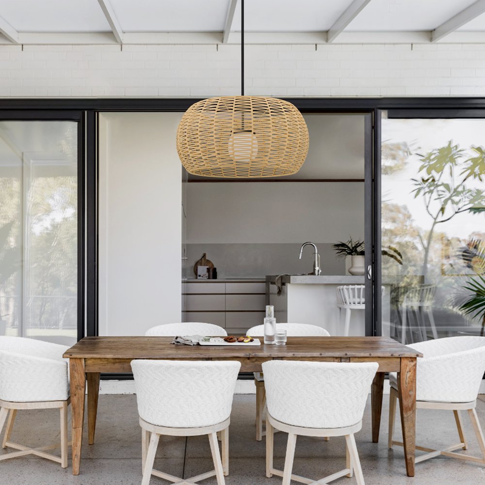 Natural And Black Rattan And Metal LED Dimmable Outdoor Hanging Pendent Light