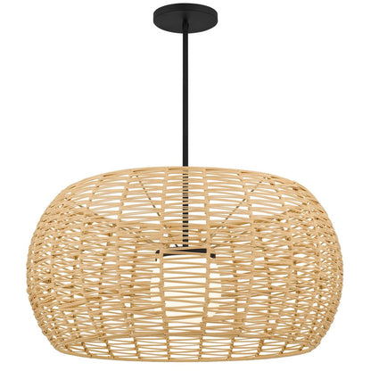 Natural And Black Rattan And Metal LED Dimmable Outdoor Hanging Pendent Light