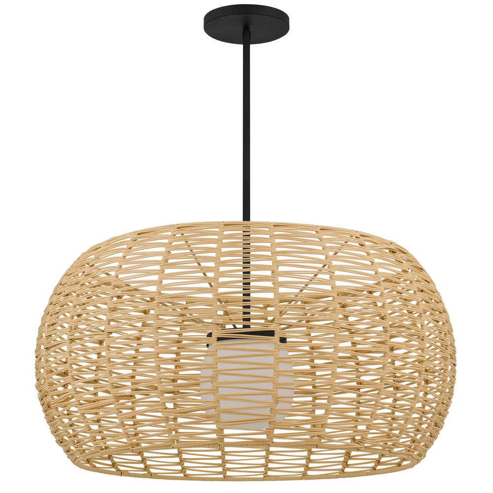 Natural And Black Rattan And Metal LED Dimmable Outdoor Hanging Pendent Light