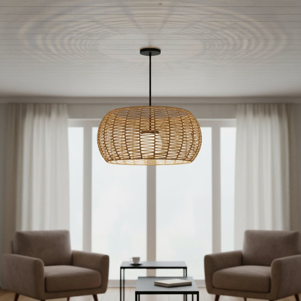 Natural And Black Rattan And Metal LED Dimmable Outdoor Hanging Pendent Light