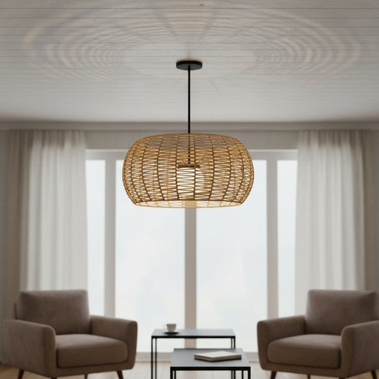 Natural And Black Rattan And Metal LED Dimmable Outdoor Hanging Pendent Light