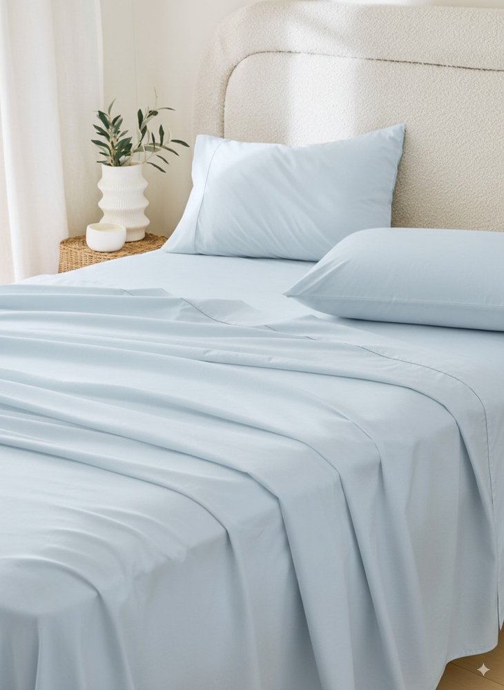 Four Piece Light Blue Cotton Queen Sheet Set