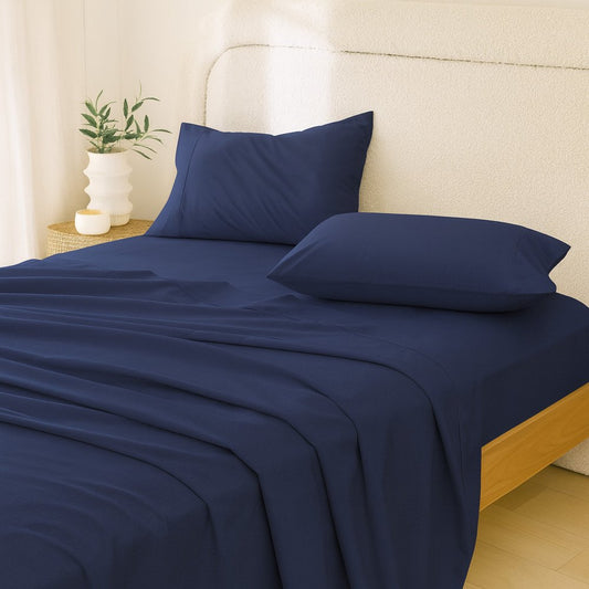 Four Piece Navy Blue Cotton King Sheet Set