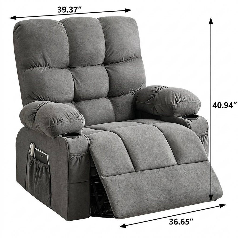 39" Gray Tufted Chenille Heated Massage Manual Rocker And Swivel Recliner With USB