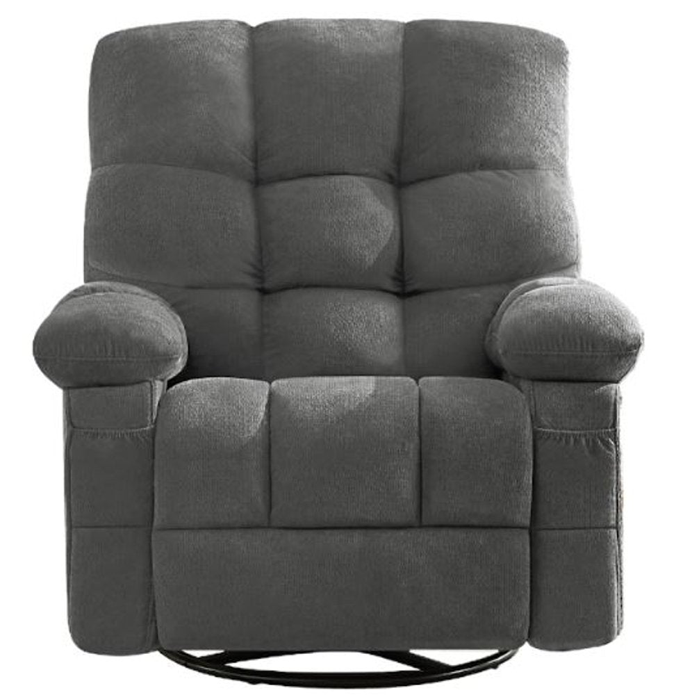 39" Gray Tufted Chenille Heated Massage Swivel Rocker Recliner With USB