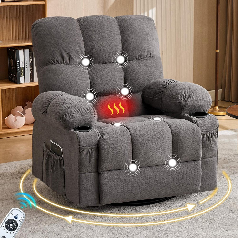 39" Gray Tufted Chenille Heated Massage Manual Rocker And Swivel Recliner With USB