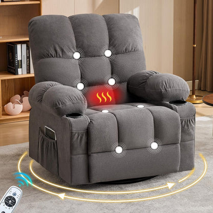 39" Gray Tufted Chenille Heated Massage Manual Rocker And Swivel Recliner With USB