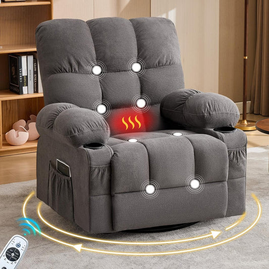 39" Gray Tufted Chenille Heated Massage Manual Rocker And Swivel Recliner With USB