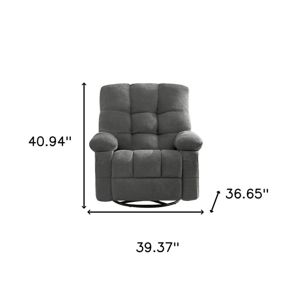 39" Gray Tufted Chenille Heated Massage Swivel Rocker Recliner With USB