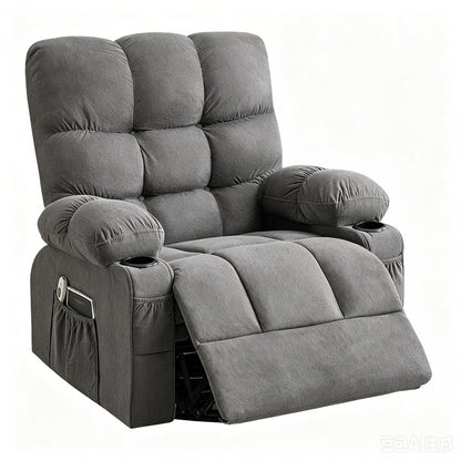 39" Gray Tufted Chenille Heated Massage Manual Rocker And Swivel Recliner With USB