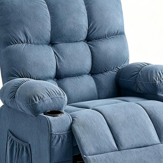 39" Blue Tufted Chenille Heated Massage Manual Rocker And Swivel Recliner With USB