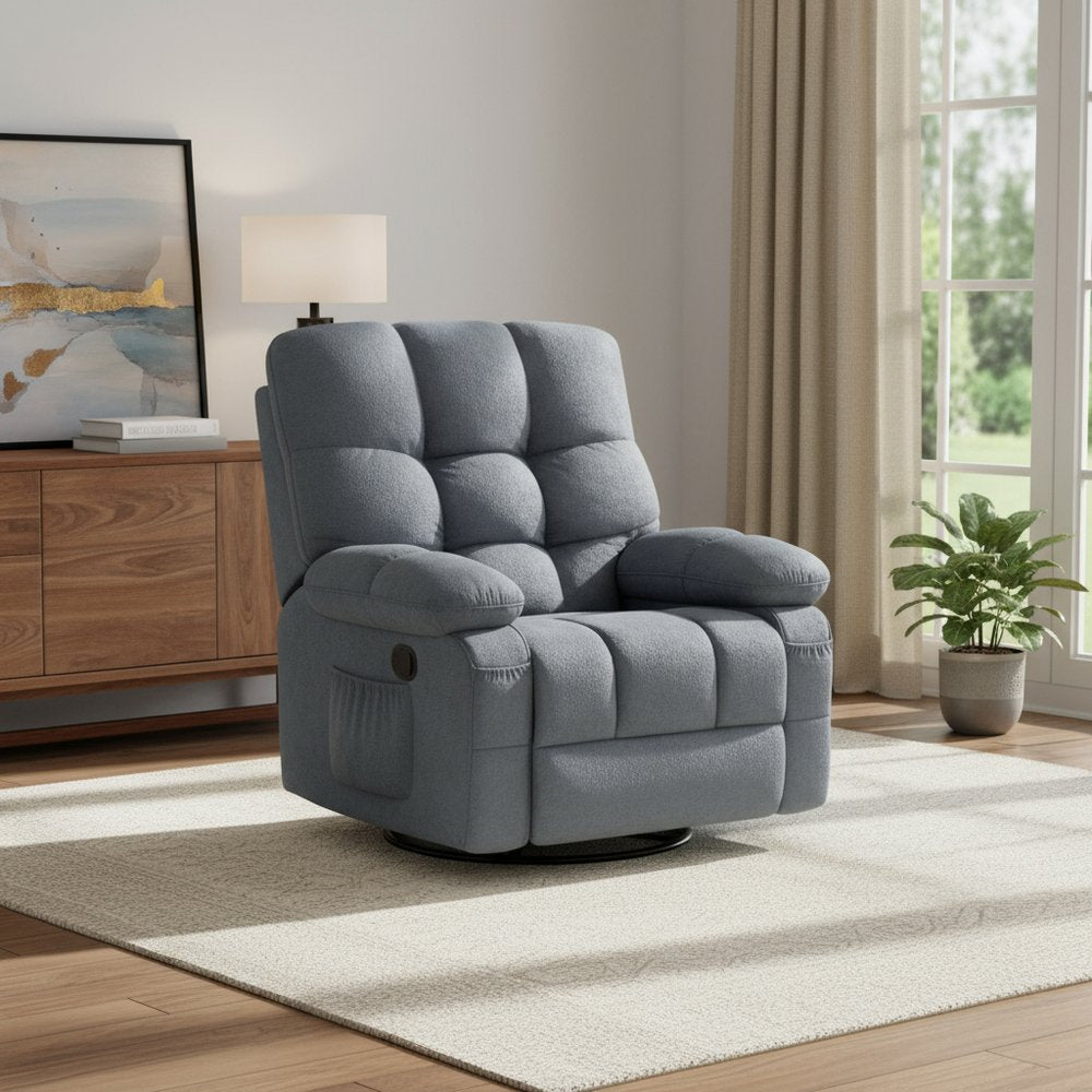 39" Blue Tufted Chenille Heated Massage Swivel Rocker Recliner With USB