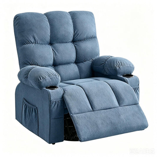 39" Blue Tufted Chenille Heated Massage Manual Rocker And Swivel Recliner With USB