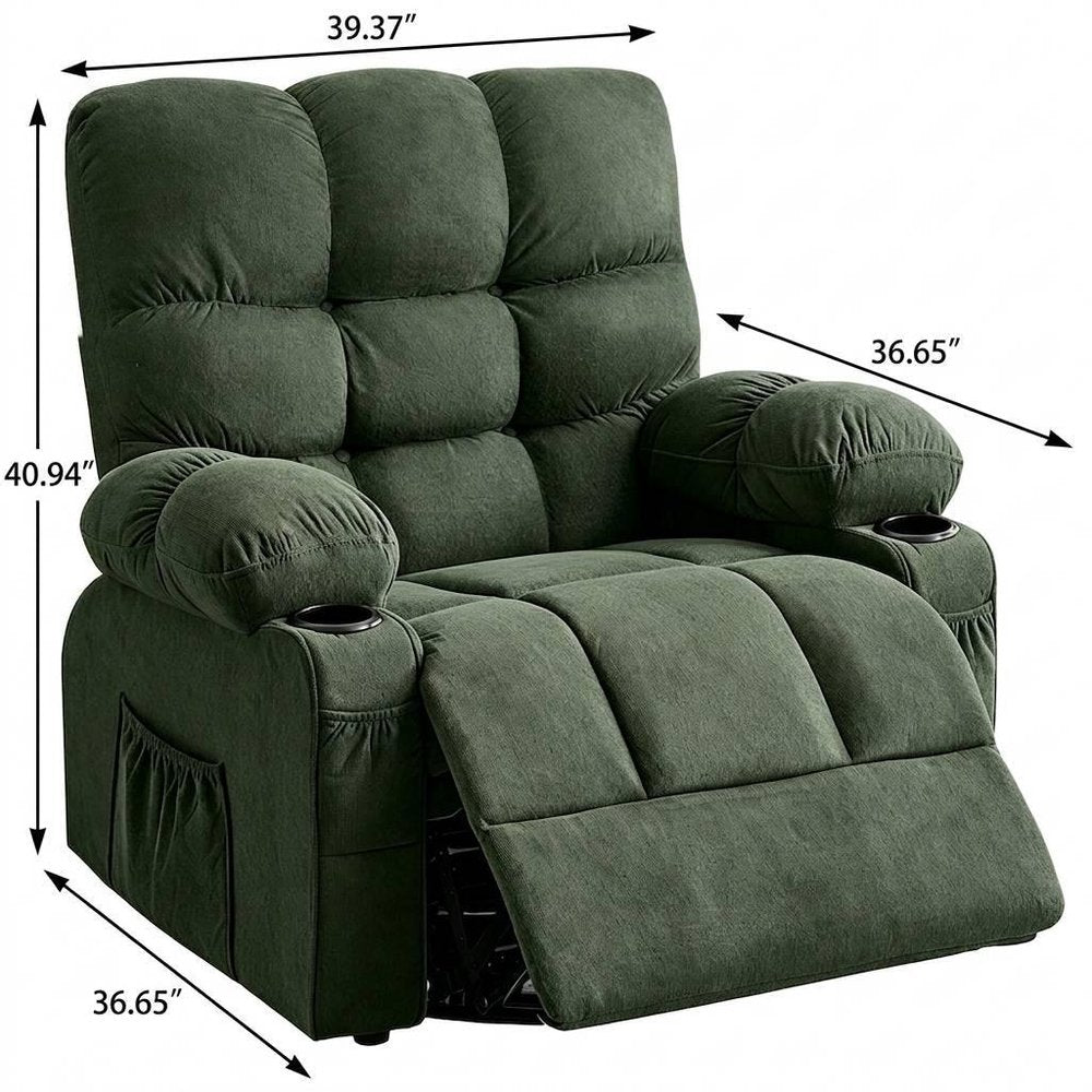 39" Dark Green Tufted Chenille Heated Massage Manual Rocker And Swivel Recliner With USB