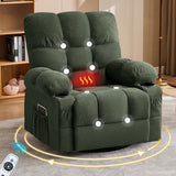 39" Dark Green Tufted Chenille Heated Massage Manual Rocker And Swivel Recliner With USB