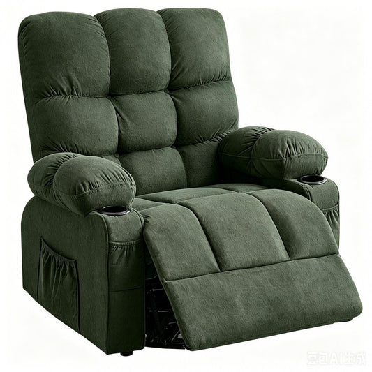 39" Dark Green Tufted Chenille Heated Massage Manual Rocker And Swivel Recliner With USB
