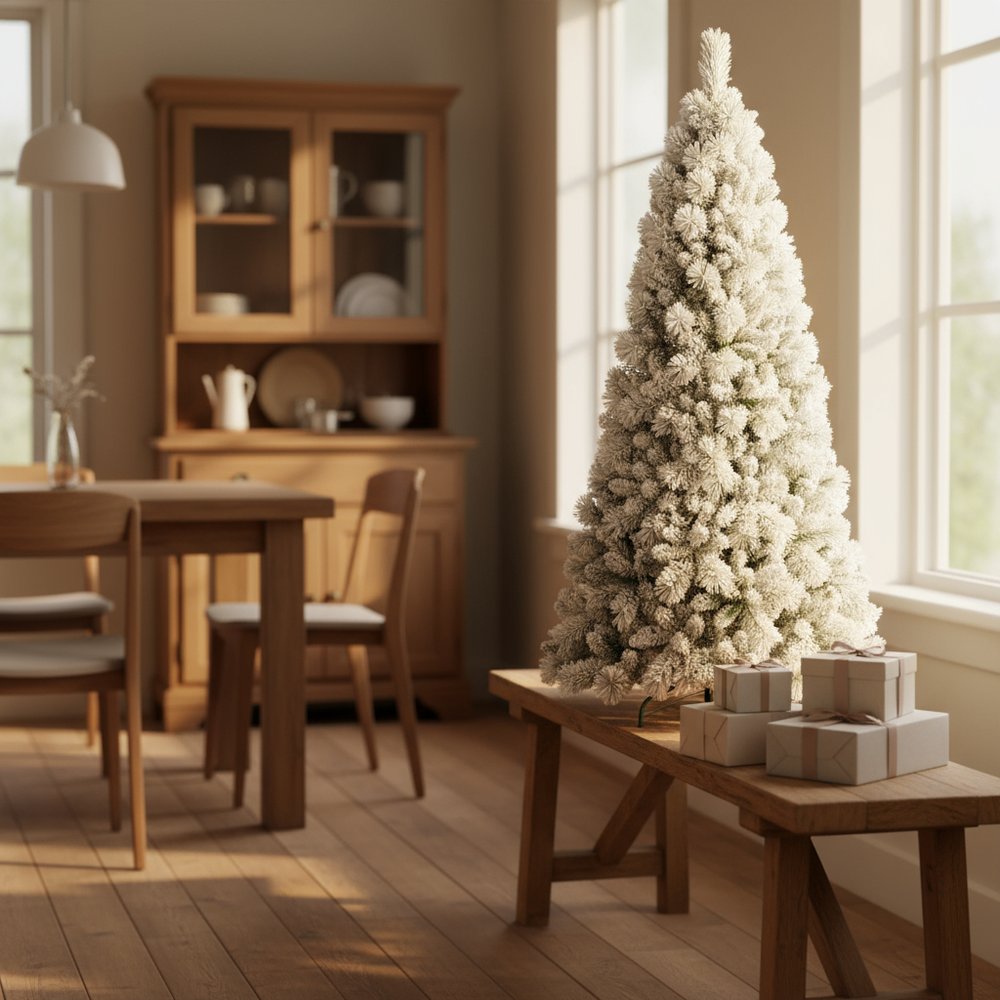 5' Green And White Slender Flocked Pine Christmas Tree