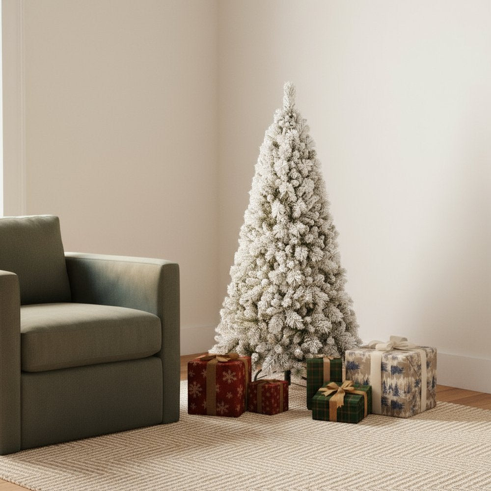 5' Green And White Slender Flocked Pine Christmas Tree