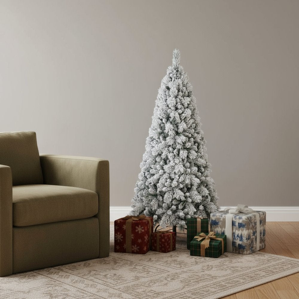 5' Green And White Slender Flocked Pine Christmas Tree