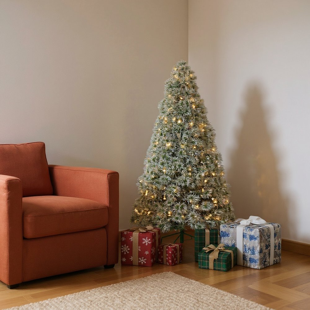 6' White Pre Lit Full Flocked Spruce Christmas Tree