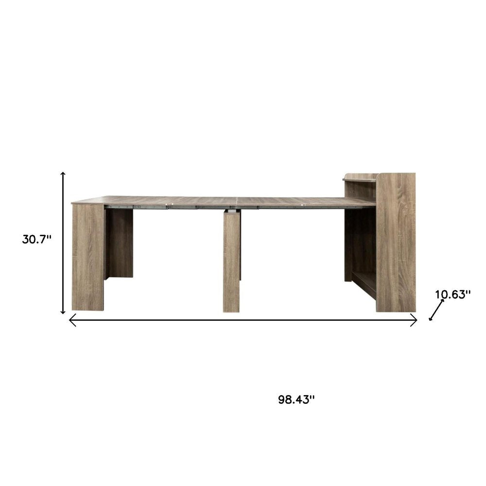 98" Light Brown Wood Self-Storing Extendable Dining Table With Storage