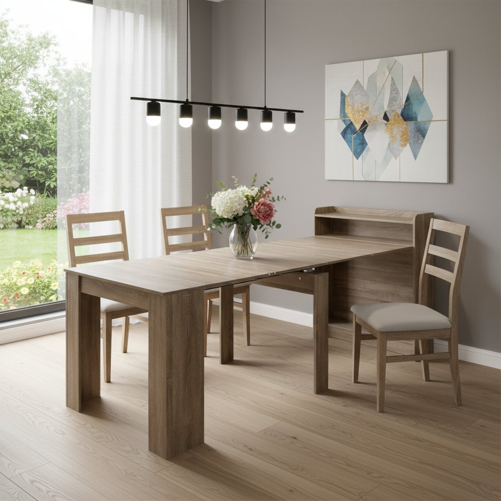 98" Light Brown Wood Self-Storing Extendable Dining Table With Storage