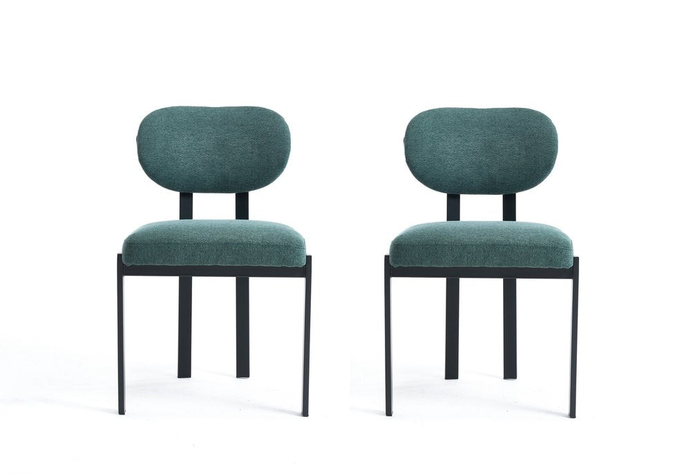 Set of Two Green and Black Chenille And Metal Partially Open Back Dining Side Chairs