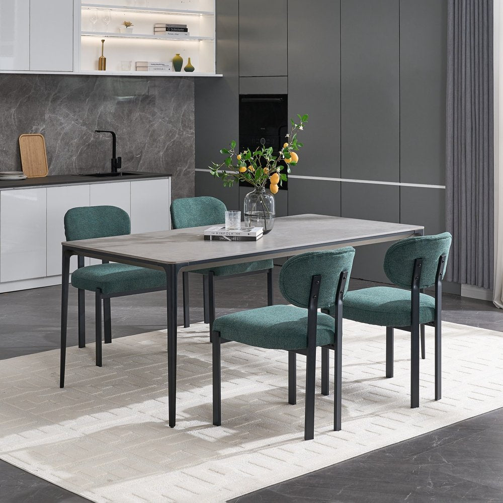 Set of Two Green and Black Chenille And Metal Partially Open Back Dining Side Chairs