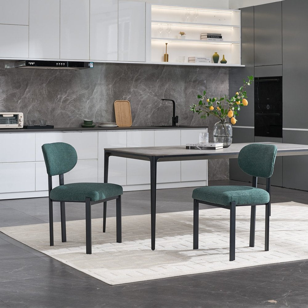 Set of Two Green and Black Chenille And Metal Partially Open Back Dining Side Chairs