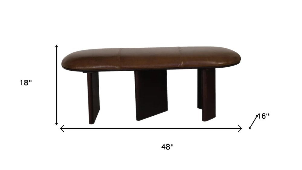 48" Brown Genuine Leather and Solid Wood Upholstered Bench