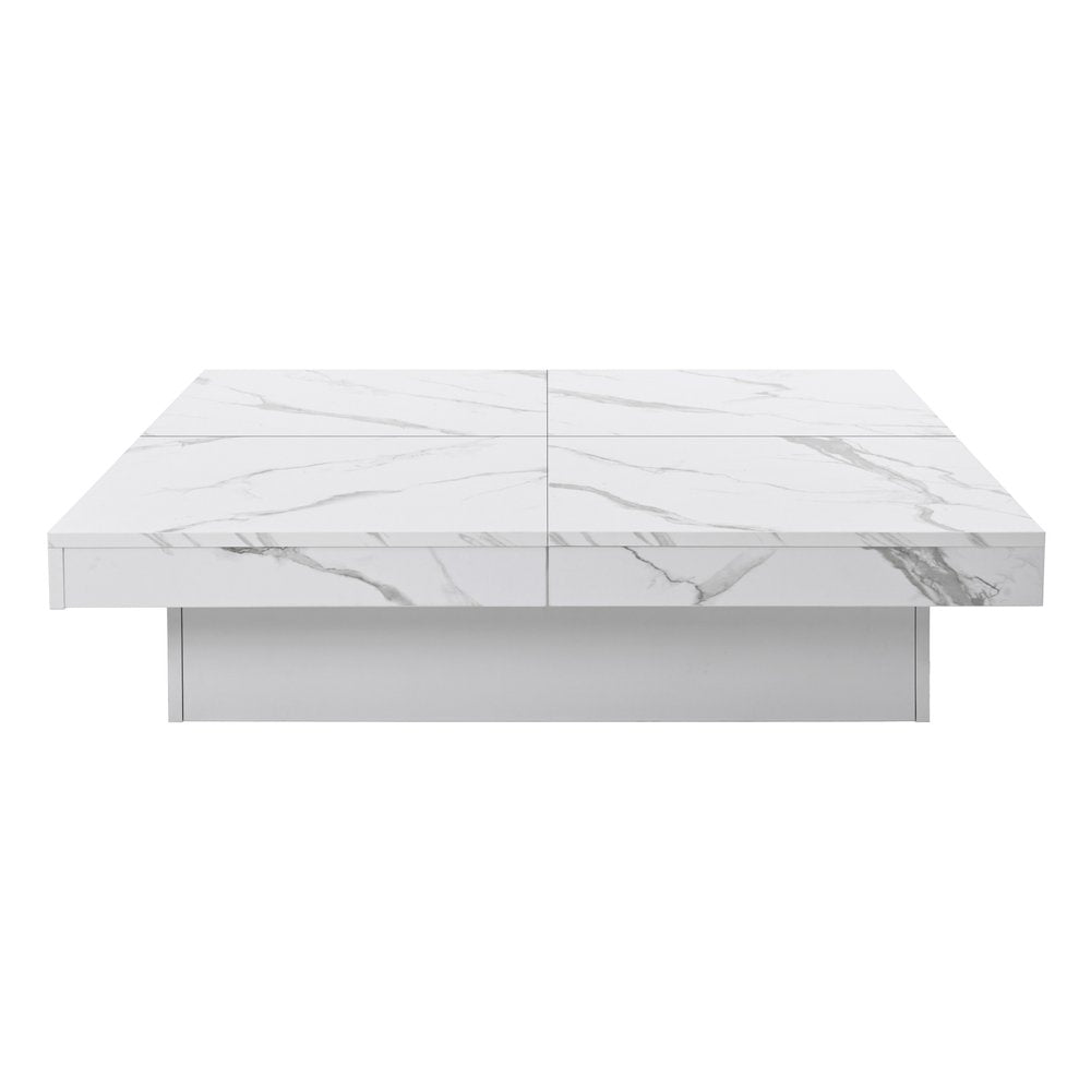 39" White Faux Marble Wood Square Coffee Table With Storage