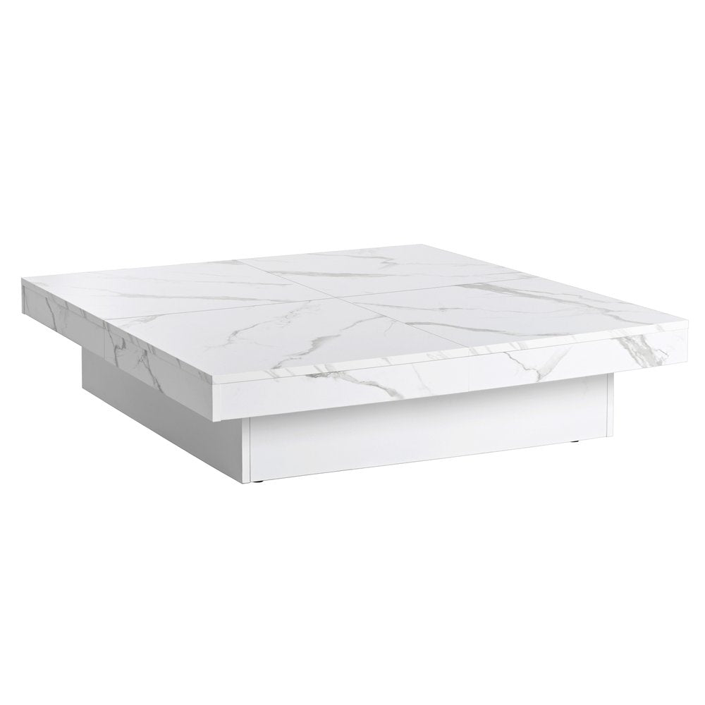 39" White Faux Marble Wood Square Coffee Table With Storage