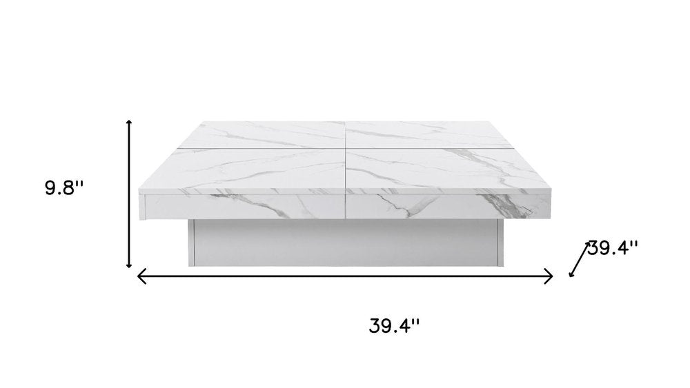 39" White Faux Marble Wood Square Coffee Table With Storage