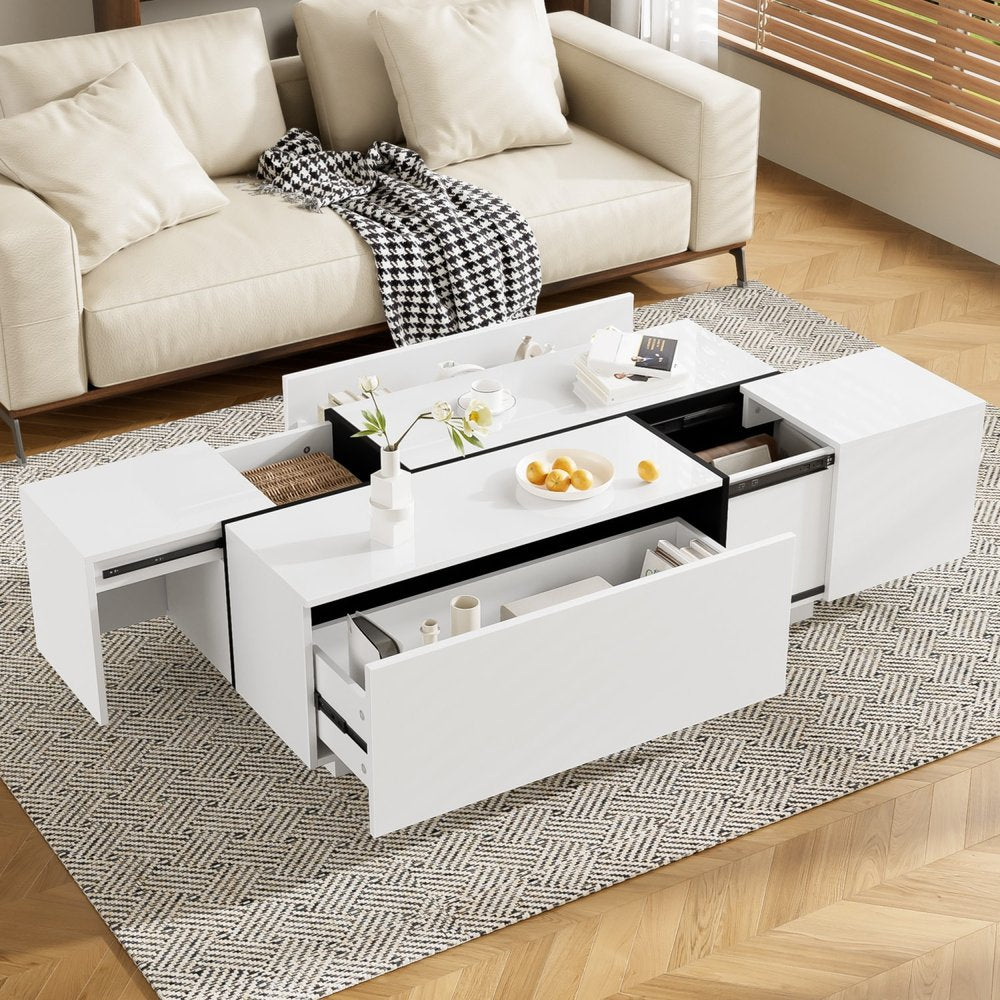 47" White Wood Extendable Coffee Table With Storage