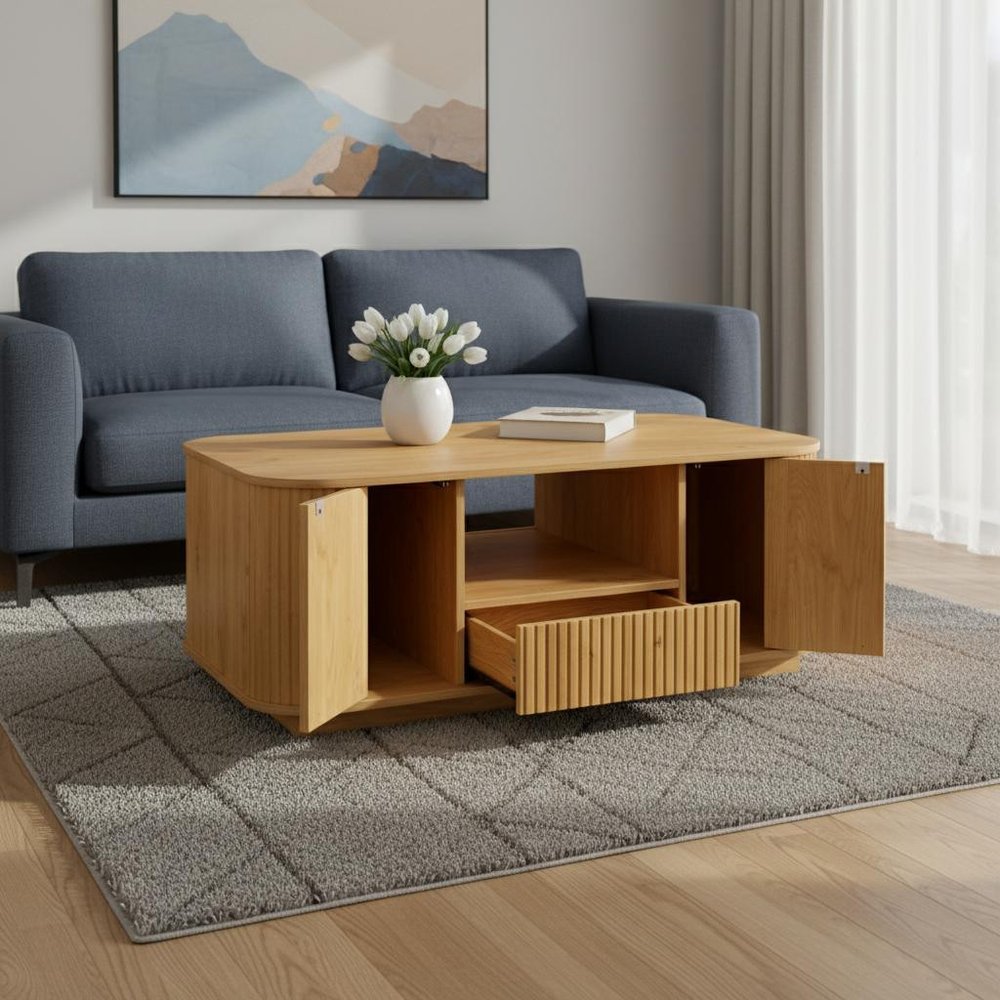 47" Natural Wood Oval Block Coffee Table With Storage