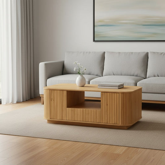 47" Natural Wood Oval Block Coffee Table With Storage