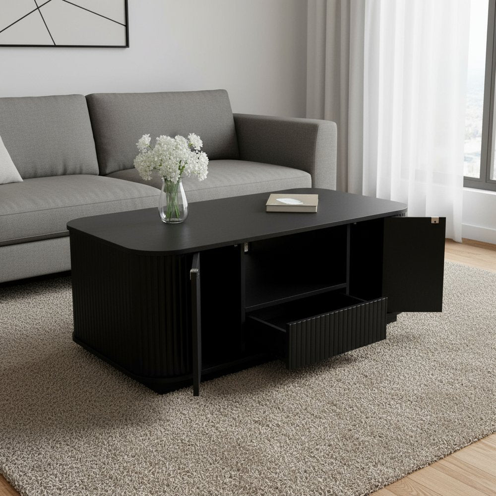 47" Black Wood Oval Block Coffee Table With Storage