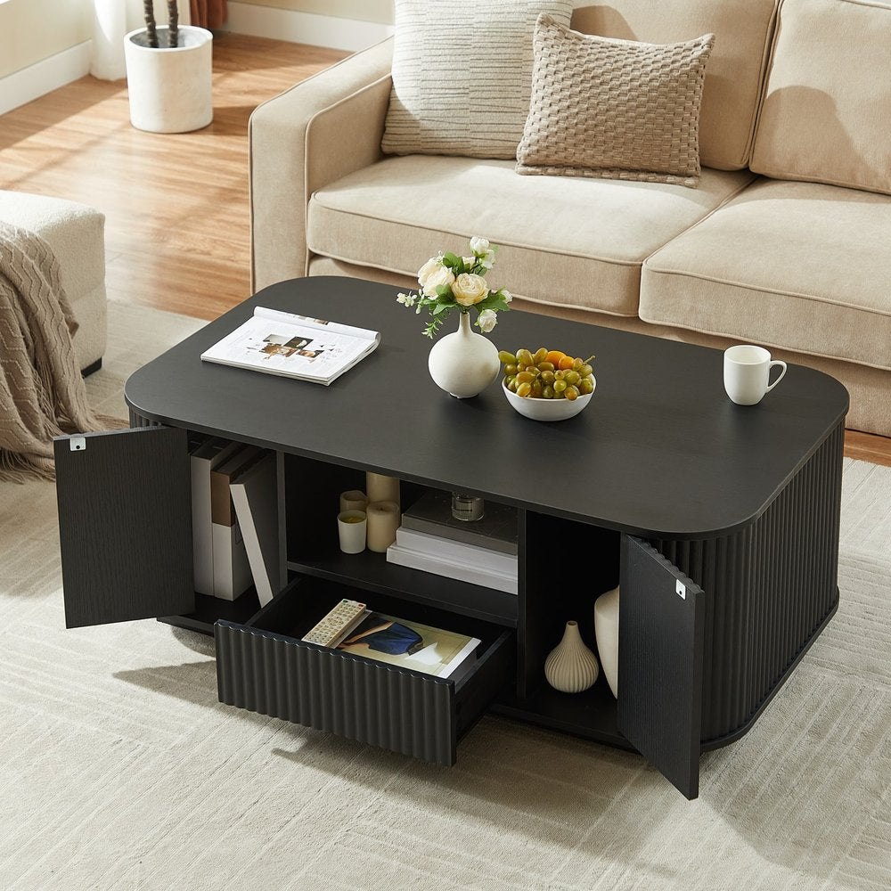 47" Black Wood Oval Block Coffee Table With Storage