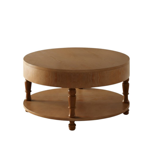 32" Natural Wood Round Coffee Table With Hidden Storage And Shelf