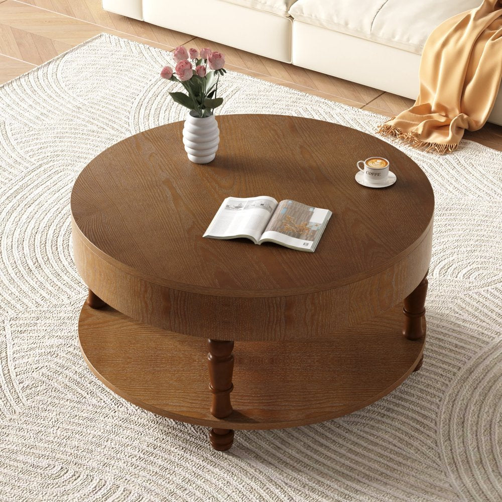 32" Natural Wood Round Coffee Table With Hidden Storage And Shelf