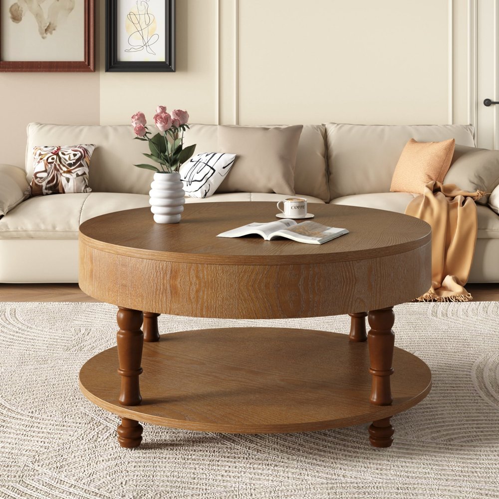 32" Natural Wood Round Coffee Table With Hidden Storage And Shelf