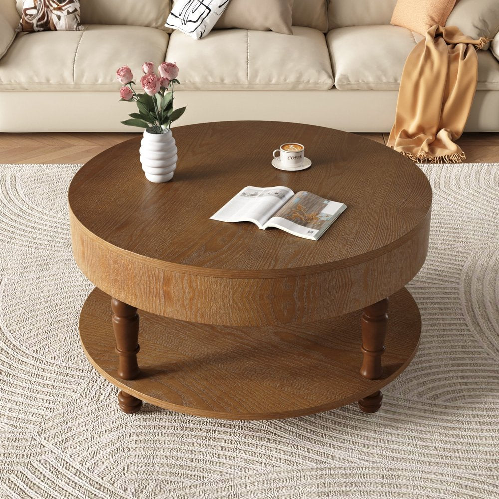 32" Natural Wood Round Coffee Table With Hidden Storage And Shelf