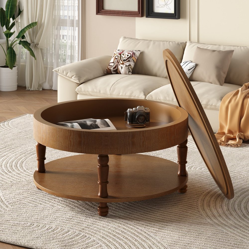 32" Natural Wood Round Coffee Table With Hidden Storage And Shelf