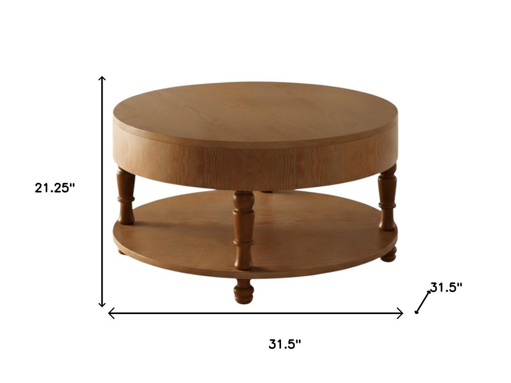 32" Natural Wood Round Coffee Table With Hidden Storage And Shelf